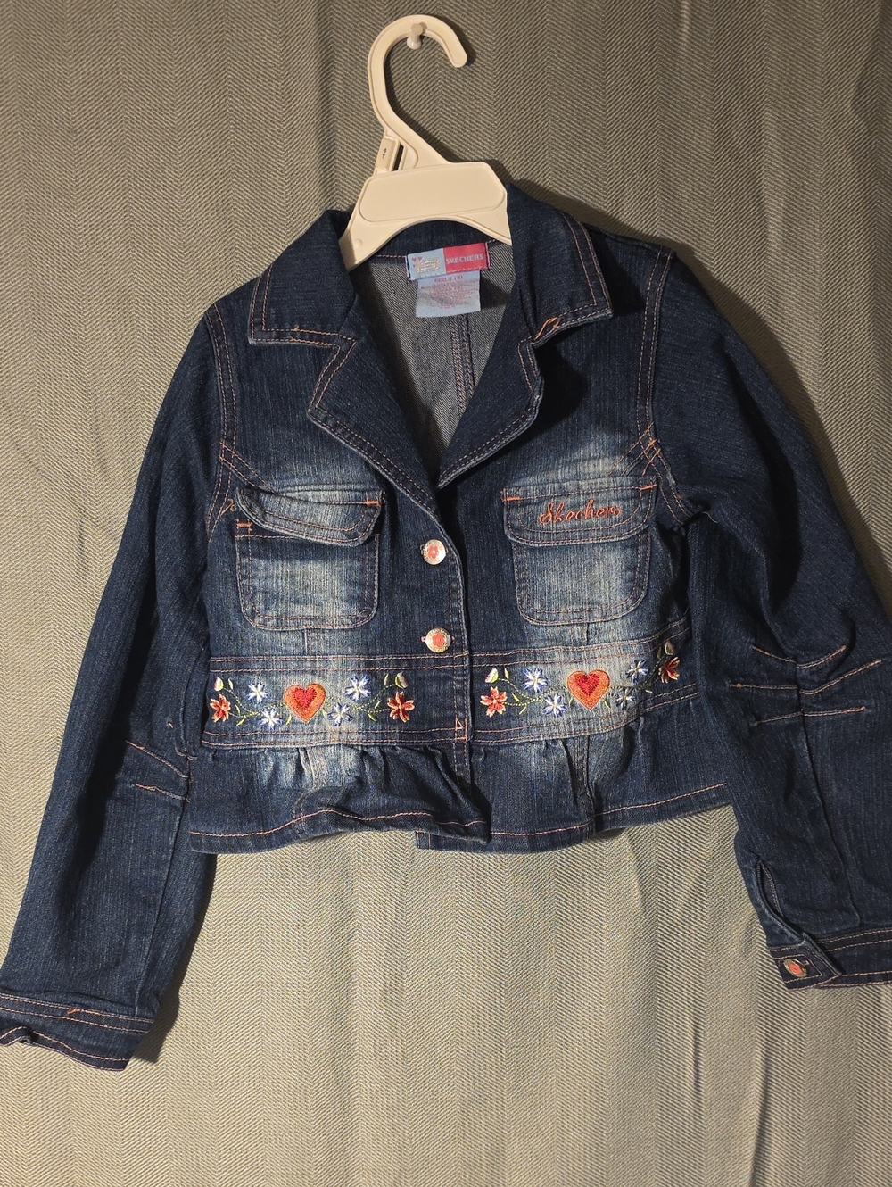 Skechers Dark Blue Denim Jacket with Embroidered Hearts